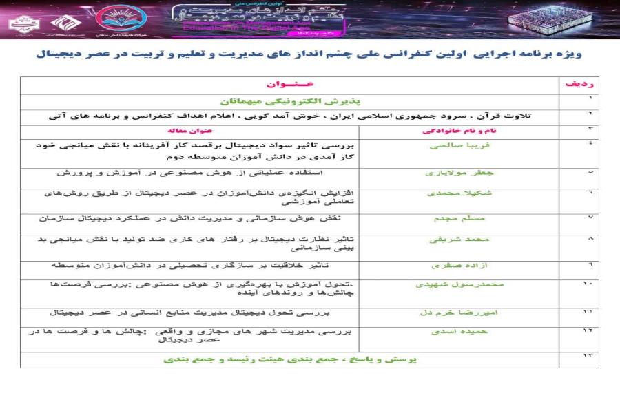 وِیژه برنامه اجرایی  اولین کنفرانس ملی چشم انداز های مدیریت و تعلیم و تربیت در عصر دیجیتال